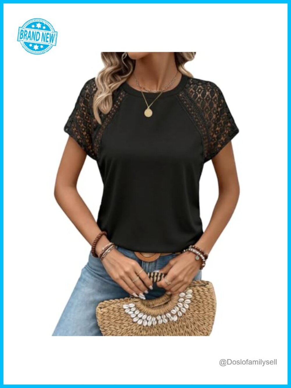 Womens Lace Short Sleeve Crew Neck T-Shirt Casual Summer Top